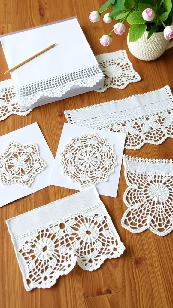 A collection of lace patterns and blank cards on a wooden table.