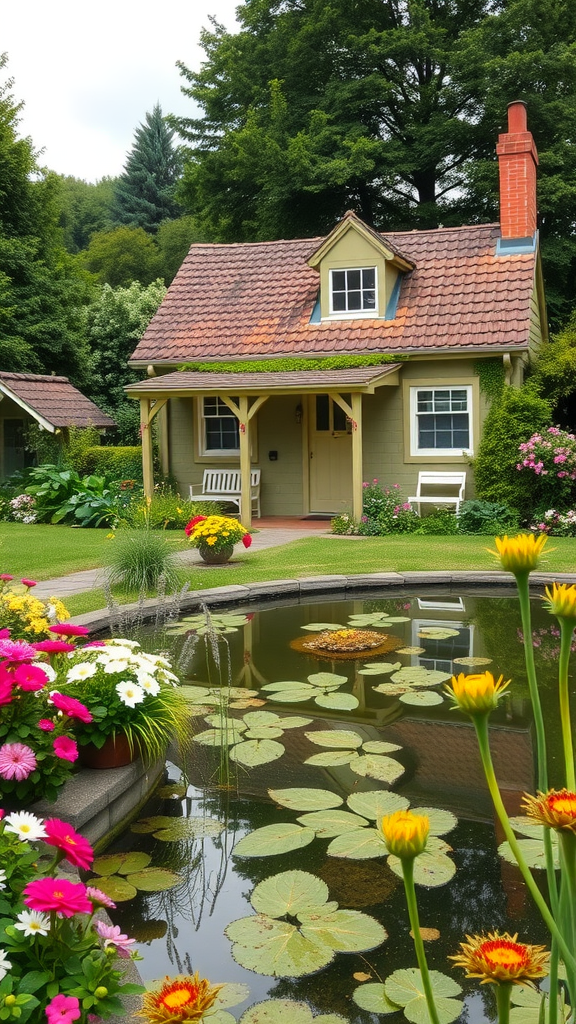 A charming garden with a small house, colorful flowers, and a peaceful pond.