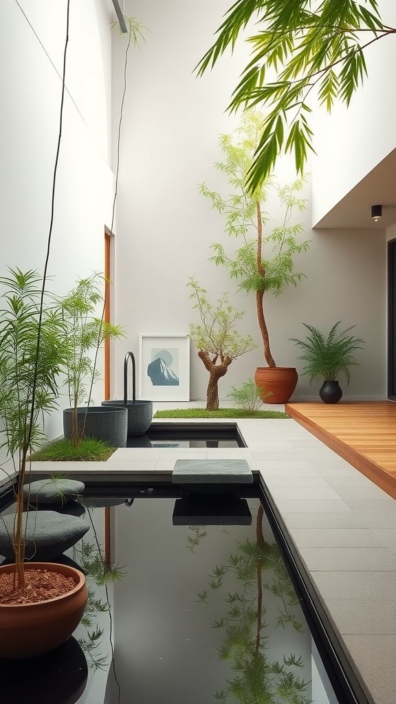 A peaceful Zen retreat featuring plants, a reflective pool, and a minimalist design.