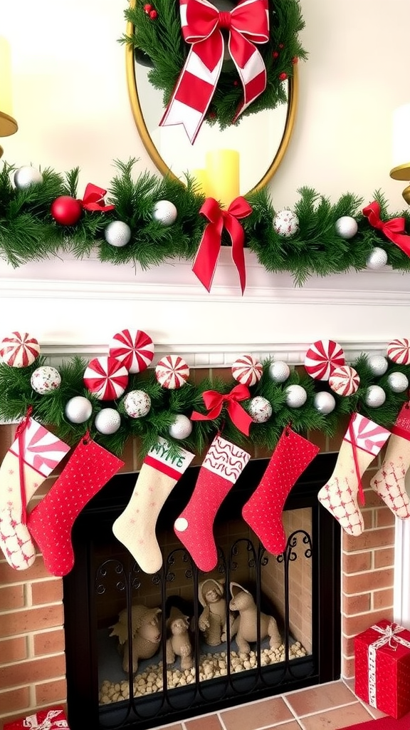 A decorated fireplace mantel with peppermint-themed accents, including stockings and a wreath.