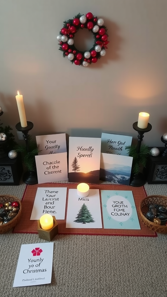 A cozy Christmas setup with candles, a wreath, and inspirational messages about personal growth.