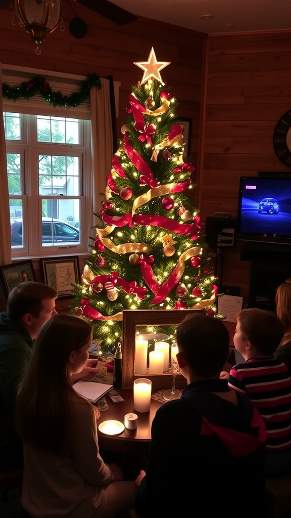 A family gathered around a beautifully decorated Christmas tree with candles lit on a table.