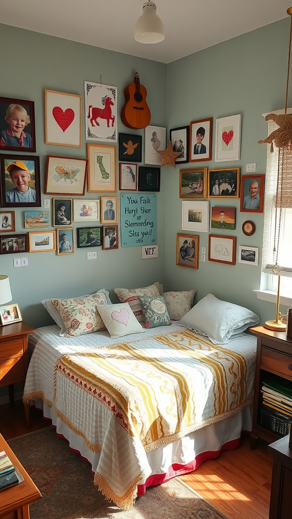 Cozy room with a bed and a wall decorated with family photos and art.
