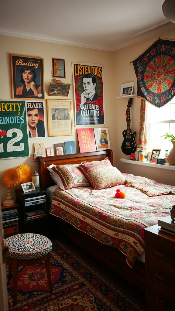 A cozy bedroom featuring 70s decor with patterned bedspread, vintage posters, and vibrant colors.