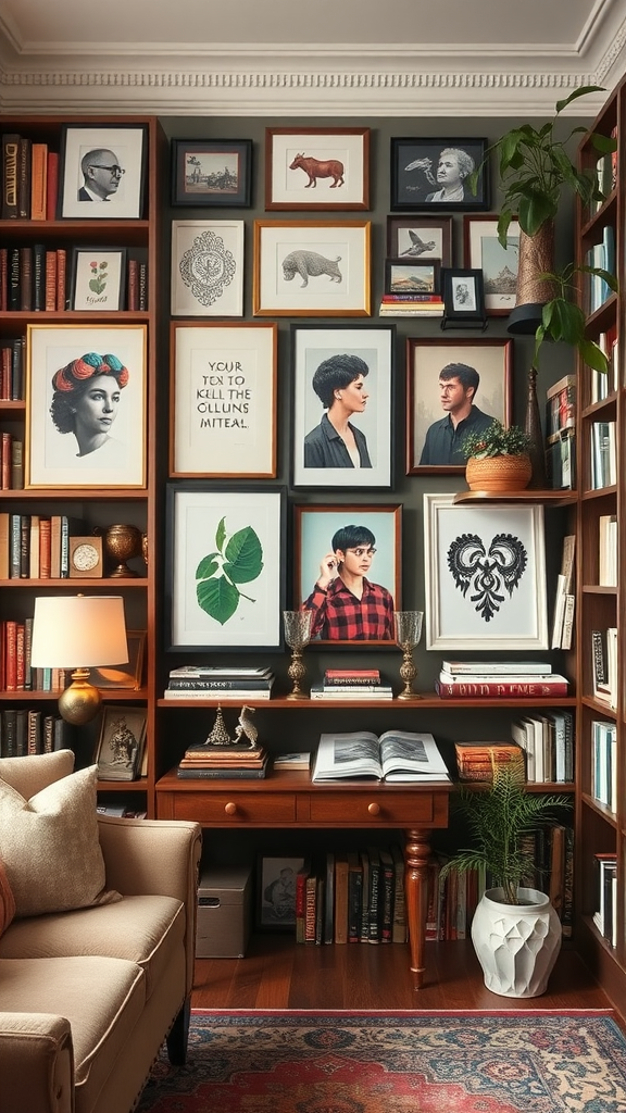 A cozy home library featuring a gallery wall filled with framed artwork and photographs, alongside shelves of books and a comfortable seating area.