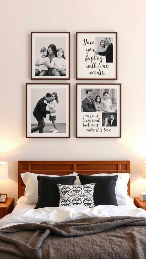 A cozy bedroom with framed black-and-white photos and quotes on the wall.