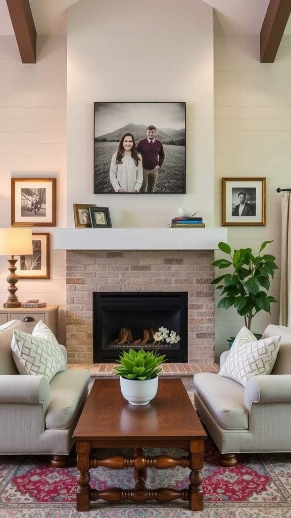 Cozy living room with family photos and plants.