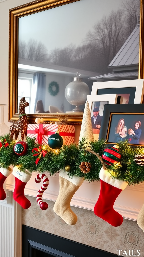 A festive display of personalized family ornaments and stockings on a mantel, creating a cozy holiday atmosphere.