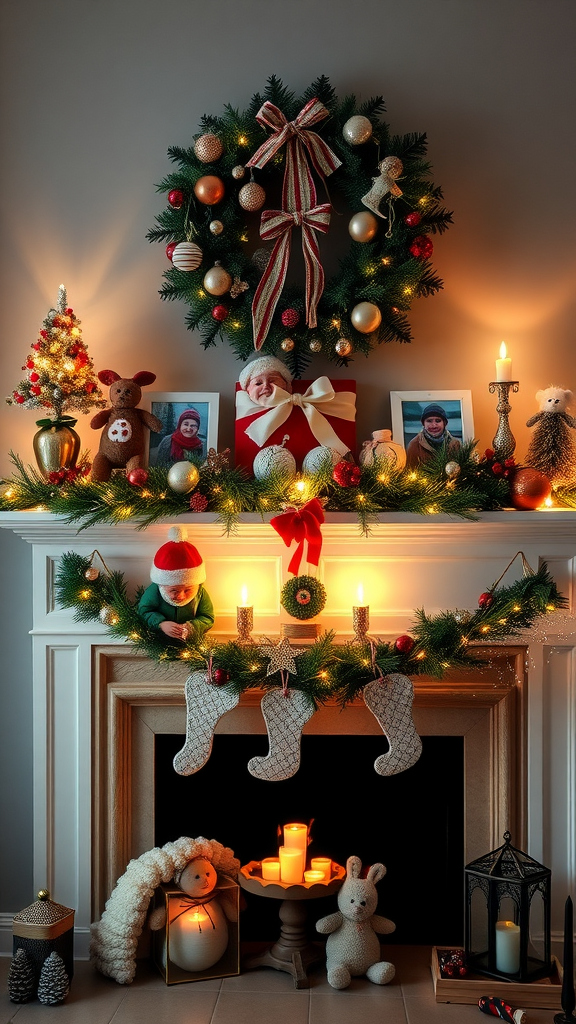 A cozy holiday mantel decorated with a festive wreath, family photos, and cheerful ornaments.