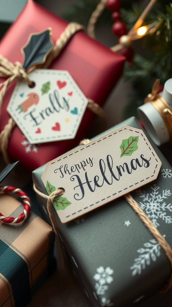 Colorful gift tags on wrapped presents for a festive look.