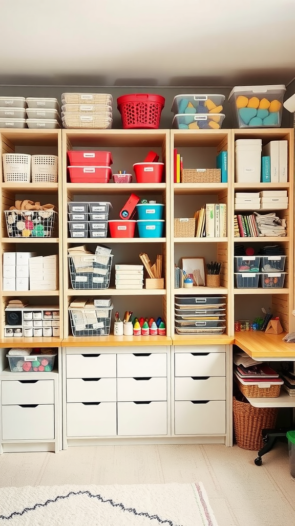 Organized craft room with modular shelving units and colorful storage bins