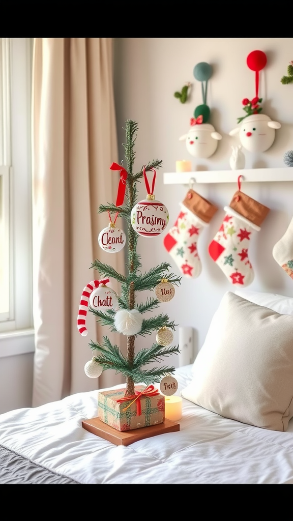 A small decorated tree with personalized ornaments on a bed, surrounded by festive stockings on the wall.