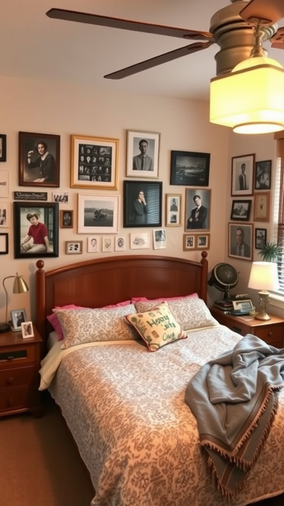 A cozy bedroom with a bed and a wall decorated with framed photographs.