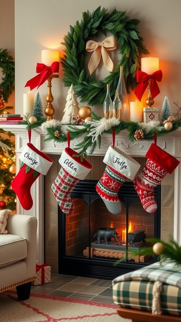 A cozy fireplace decorated with personalized Christmas stockings and festive decor.