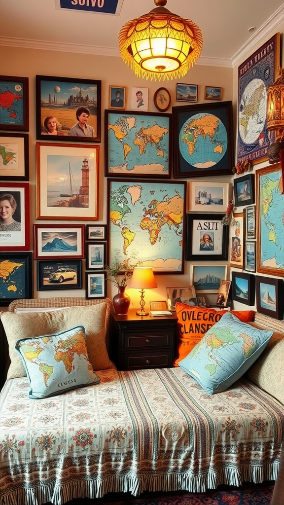A cozy nook filled with travel mementos, featuring maps, photos, and globe-patterned pillows.
