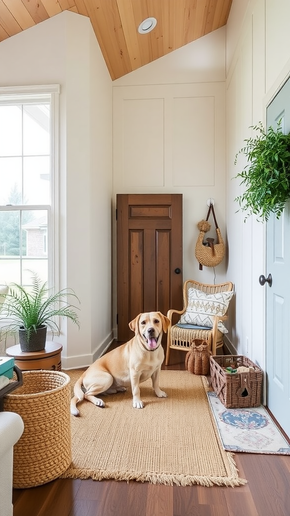 A cozy entryway featuring a dog, a rug, and a welcoming atmosphere.