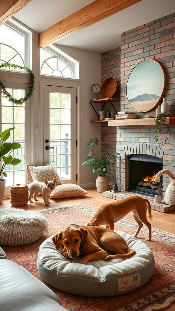 A cozy living room with two dogs on a pet bed, surrounded by plants and soft furnishings.