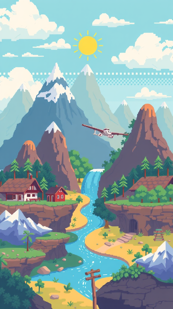 A pixel art landscape featuring mountains, a river, trees, and houses under a sunny sky with a flying plane.