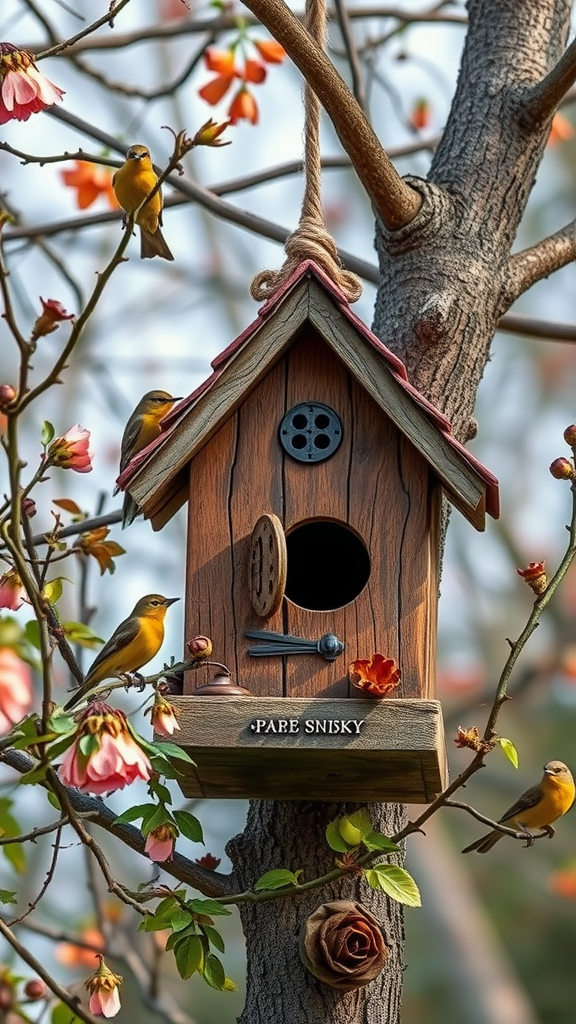 Colorful birdhouse on a tree with blooming flowers and birds