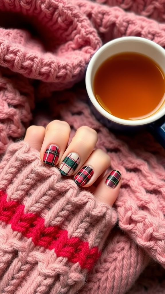Cozy plaid nail art with a pink knitted sweater and a cup of tea