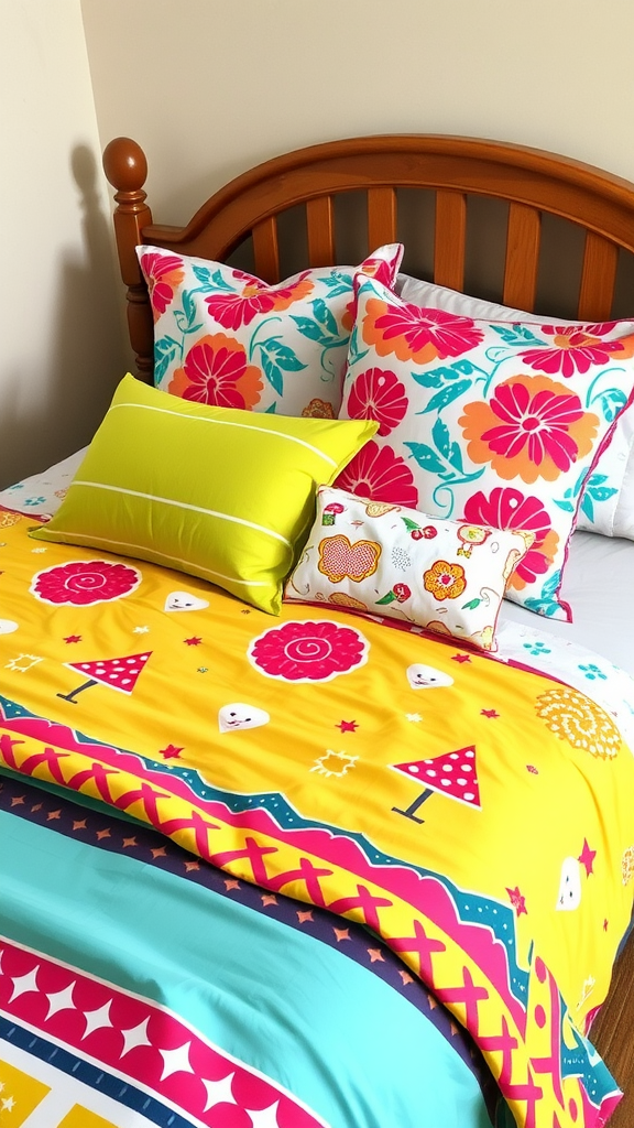 A brightly decorated bed with colorful pillows and a playful duvet in yellow, featuring fun patterns.