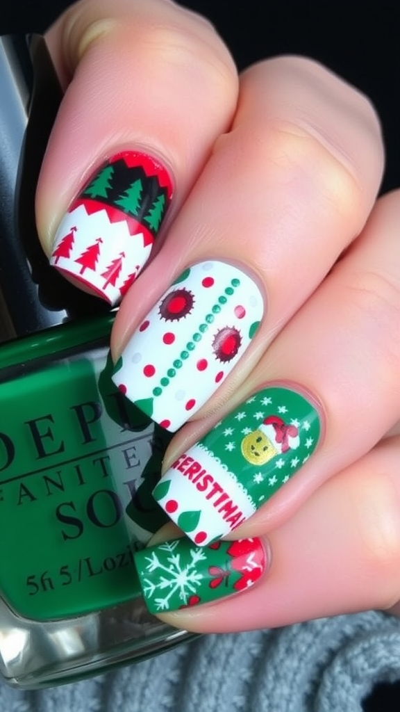 Festive nail art with Christmas designs in red, green, and white.