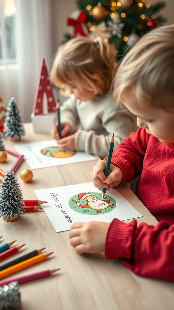 Two children coloring holiday illustrations at a table, with a decorated Christmas tree in the background.