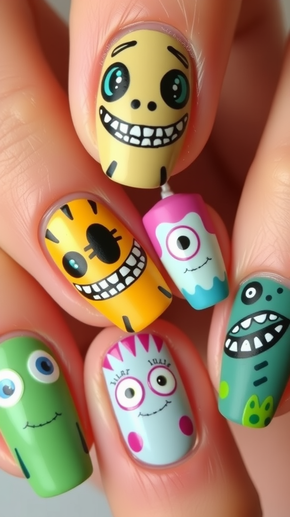 Colorful nail art featuring playful monster designs.