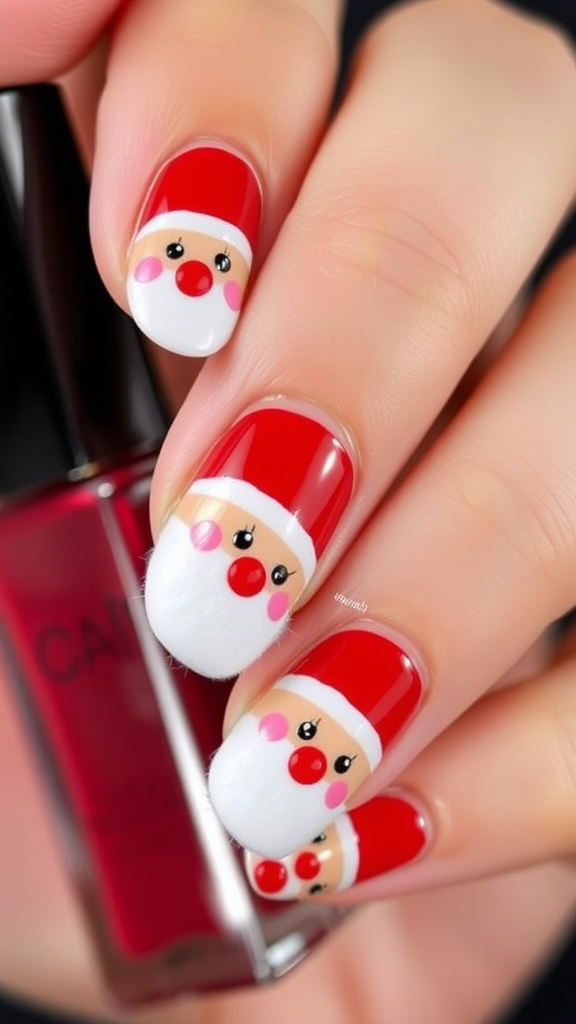 Nail art featuring playful Santa Claus faces on a colorful background.