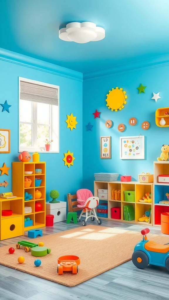 A vibrant playroom with blue walls, colorful toys, and bright decorations.