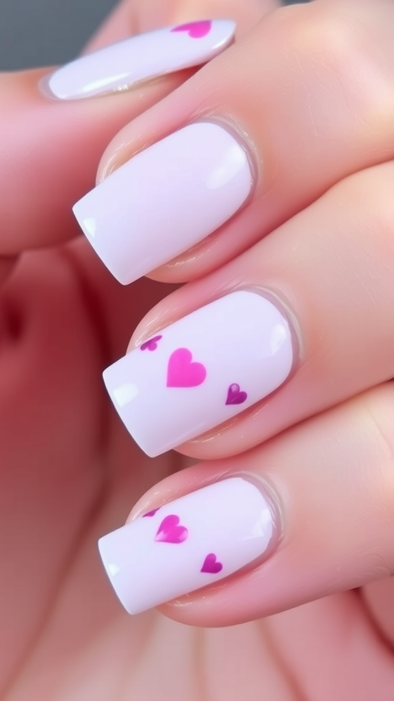 Nail art featuring pink hearts on a light-colored background.