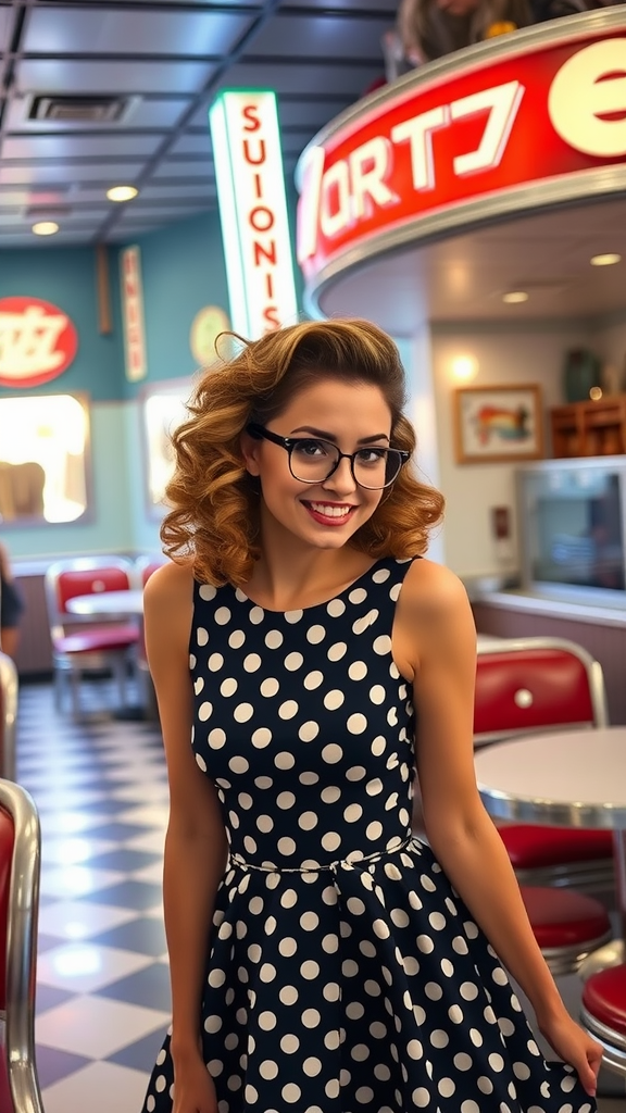 A woman smiling in a polka dot dress with stylish curled hair in a diner.