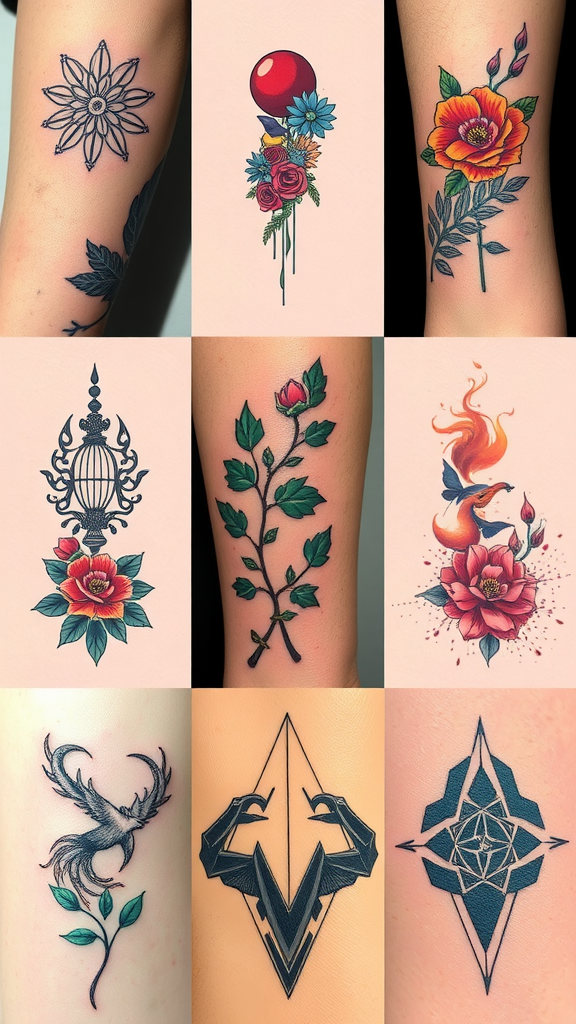 A collage of various tattoo designs including flowers, geometric shapes, and a phoenix.