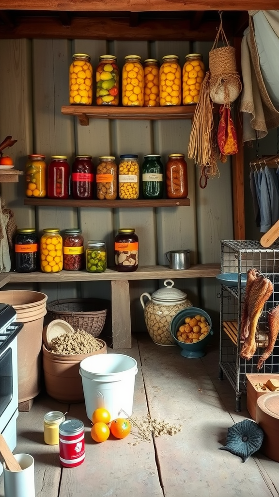 A colonial kitchen with shelves of preserved foods in jars, showcasing food preservation techniques.