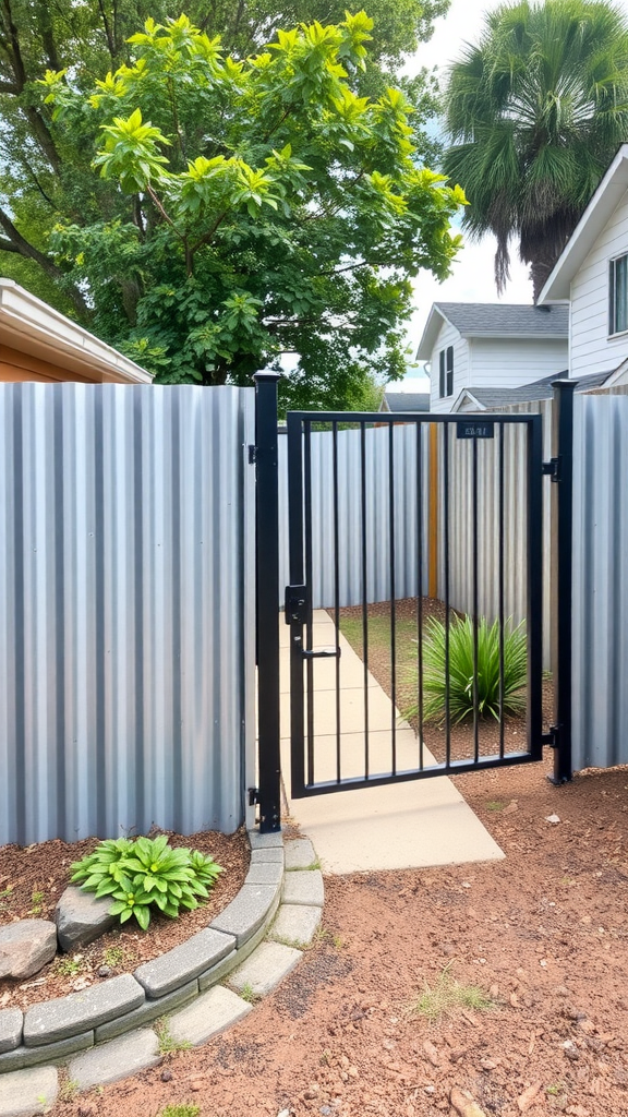 A modern corrugated metal fence with a black gate, surrounded by green plants and a pathway.