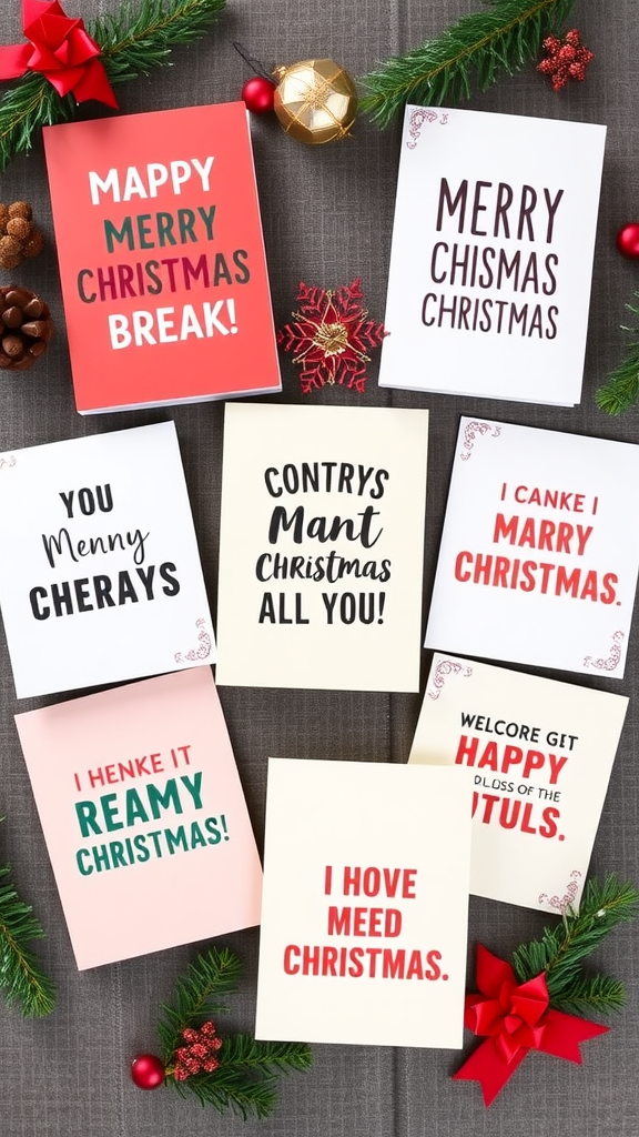A variety of punny Christmas cards with playful messages.