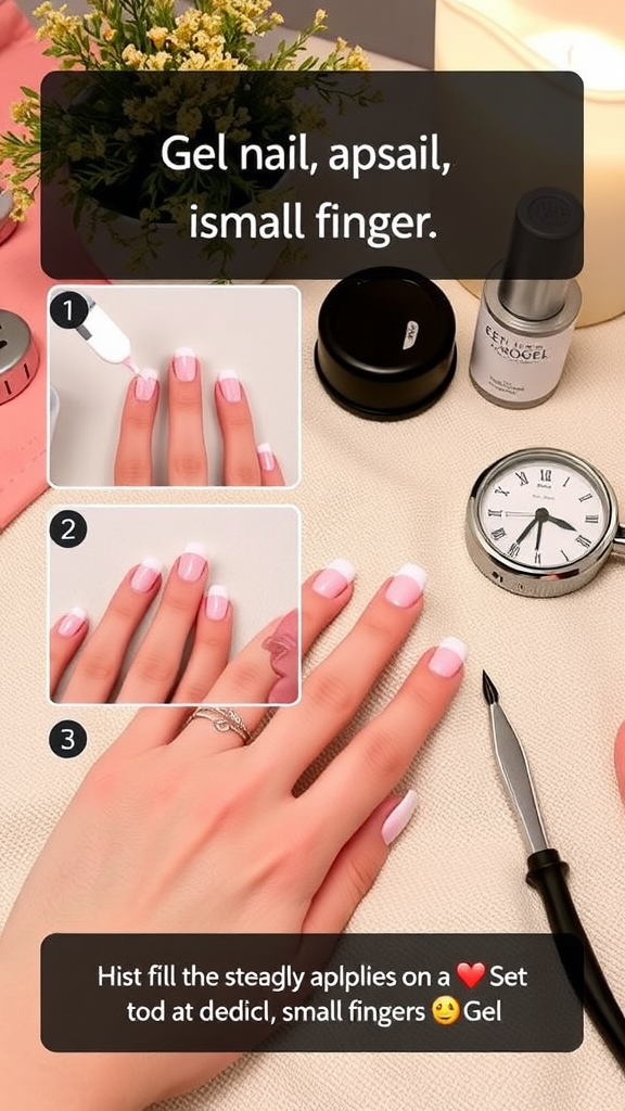 Image showing the process of applying gel nails with numbered steps.