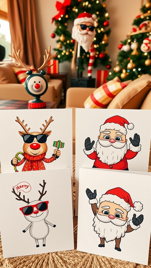 Festive greeting cards featuring quirky holiday characters with sunglasses, including a reindeer and Santa, in a decorated room.