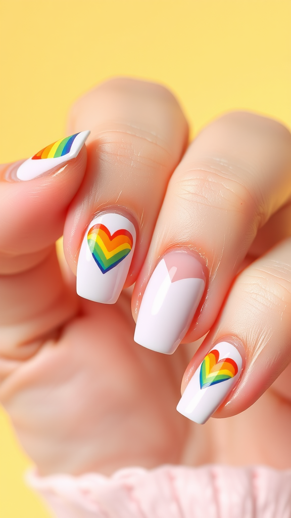 Close-up of hands showing rainbow heart accent nails on a bright background.