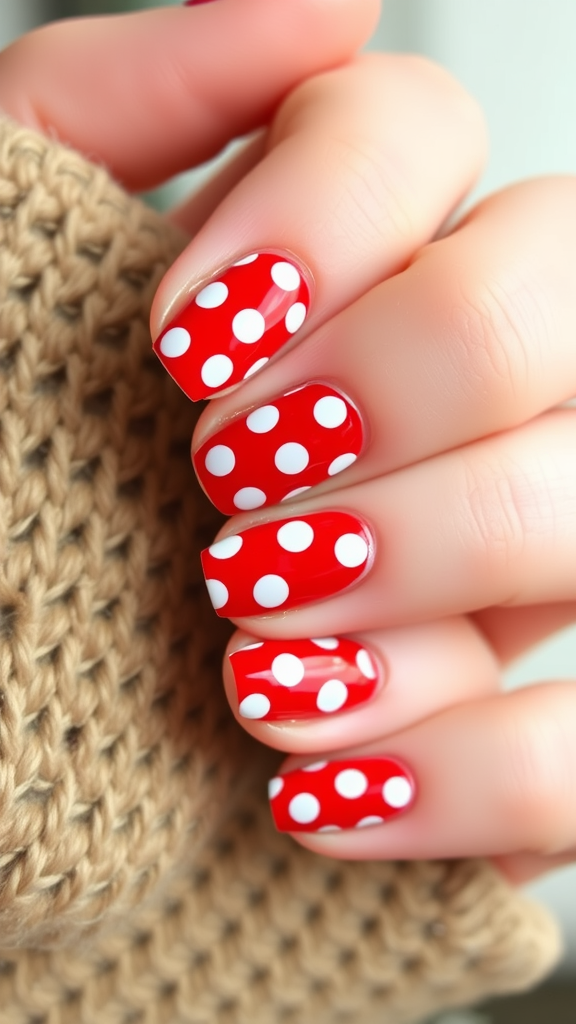 Close-up of a hand with red nails featuring white polka dots, resting on a knitted fabric.