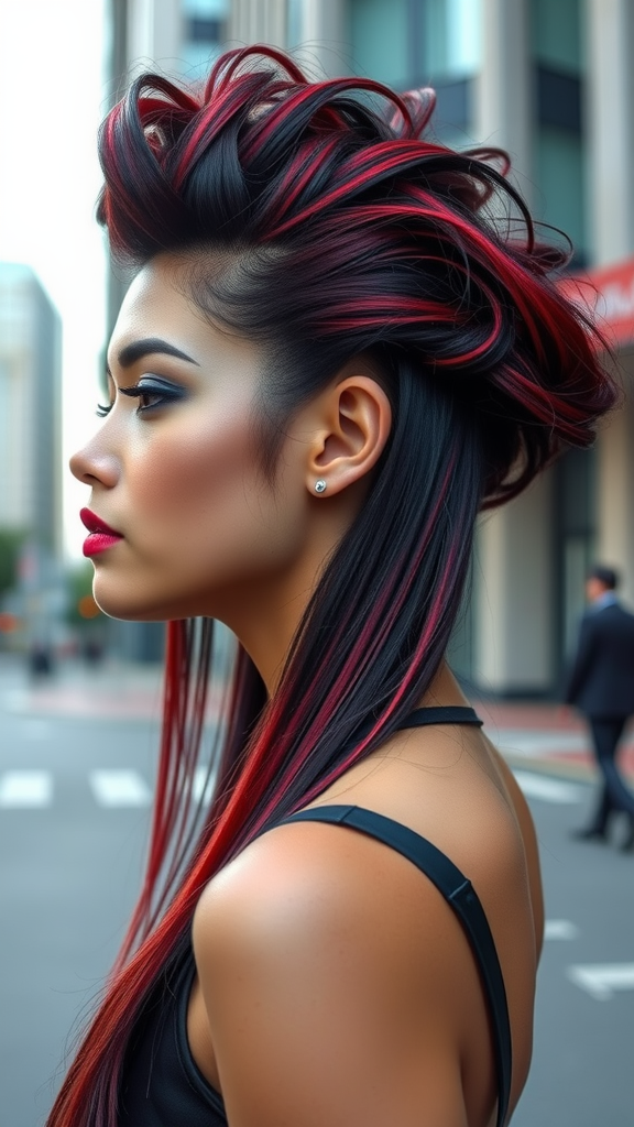 A woman with black hair styled with red highlights, showcasing a modern and edgy look.
