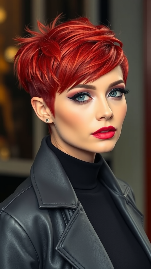 A model showcasing a vibrant red pixie cut with textured fringe, wearing a black leather jacket.