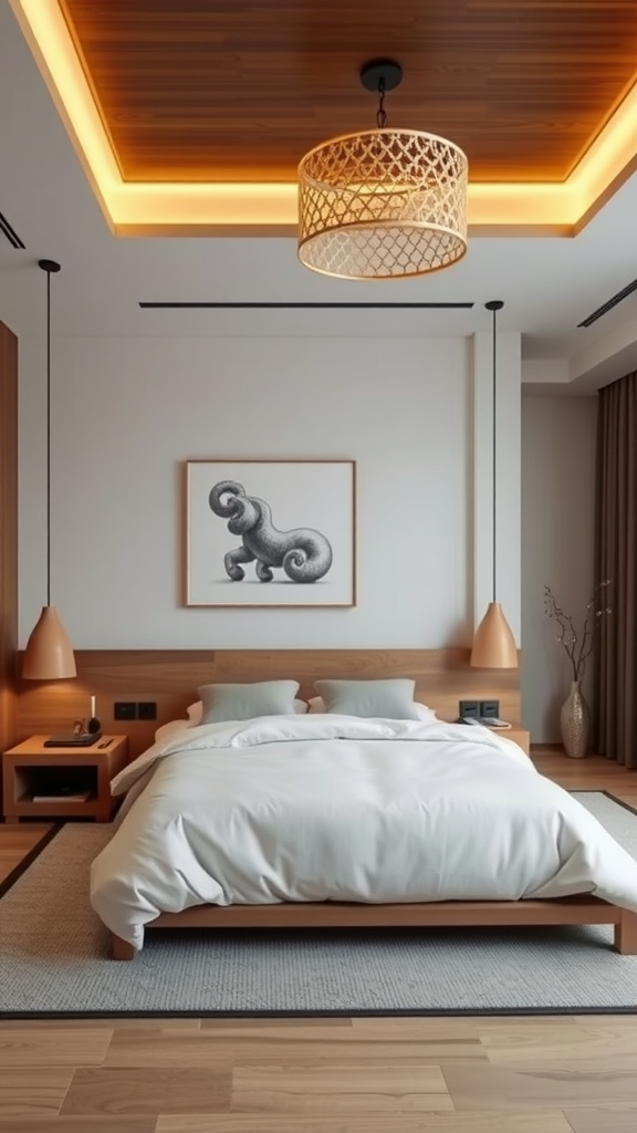 A serene bedroom with wooden elements and minimalistic design.