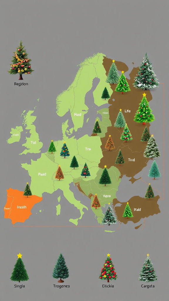 A map of Europe showcasing various styles of Christmas trees in different regions.