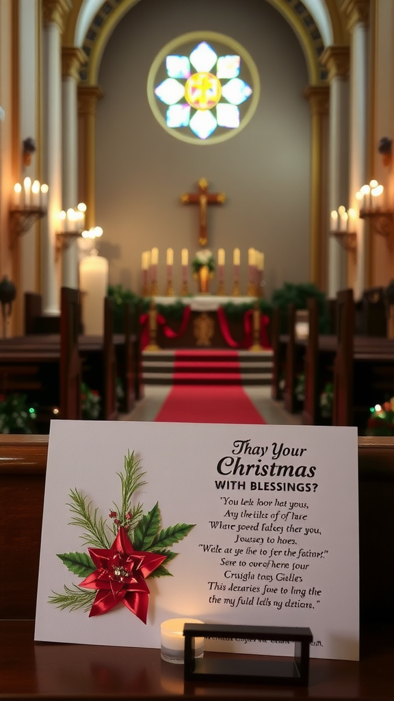 Church altar decorated for Christmas with candles and a card that reads 'Thay Your Christmas WITH BLESSINGS?'