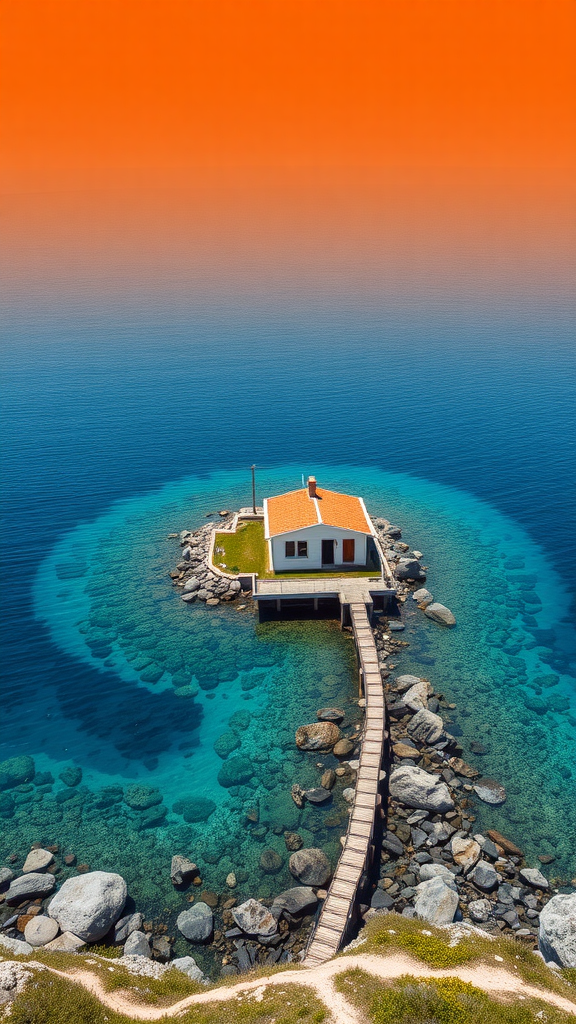 A picturesque remote island cottage surrounded by turquoise waters and a wooden pathway.