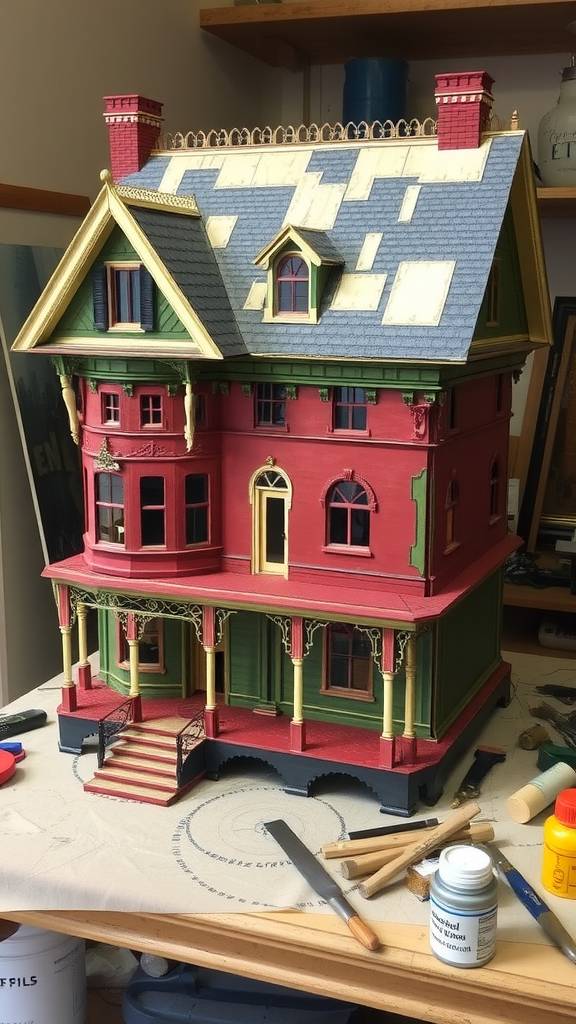 A detailed antique dollhouse in bright colors, showing intricate architectural features and restoration tools nearby.