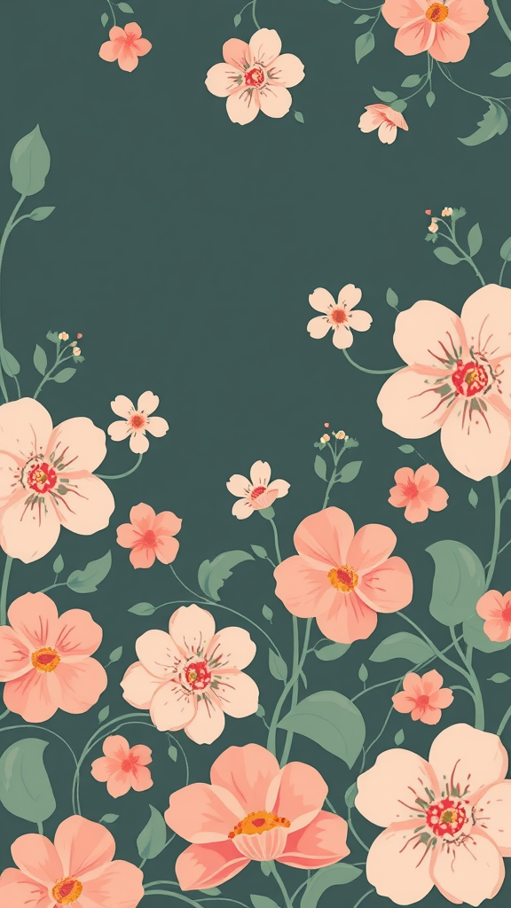 A retro floral design featuring soft pink flowers on a dark green background