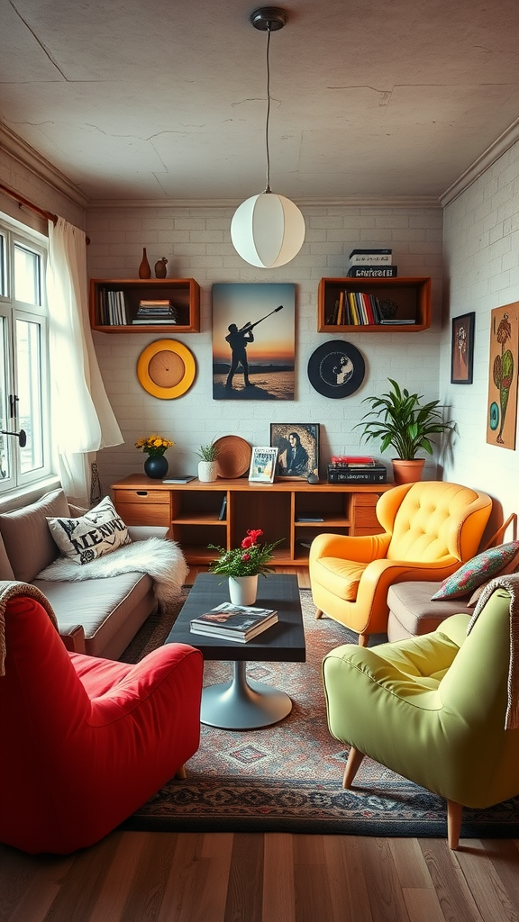 A cozy 80s-inspired living room featuring colorful chairs, a round coffee table, and vibrant wall art.
