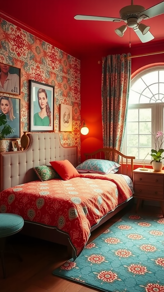 A cozy retro-style bedroom with red walls, patterned wallpaper, and vintage decor.